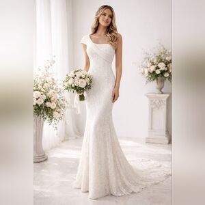 Val Stefani Sequin One Shoulder Wedding Dress w little train, sz 6 like new!